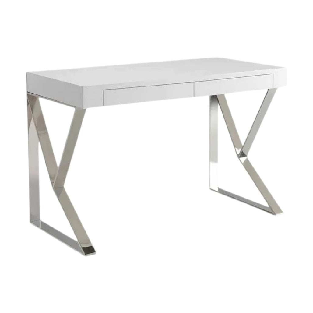 **Bureau moderne avec tiroirs en finition blanche et piètement en acier inoxydable**