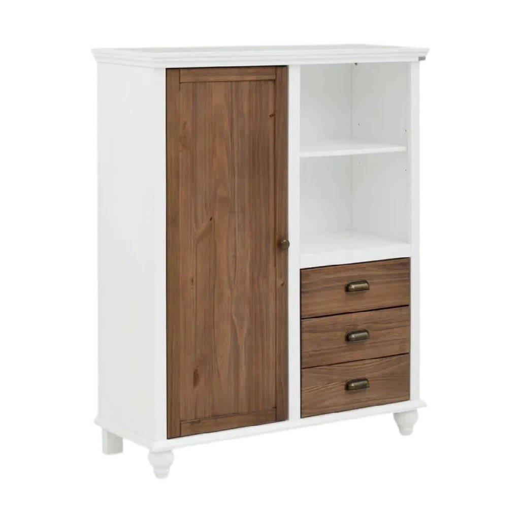 **Armoire de rangement en bois et blanc avec portes et tiroirs**