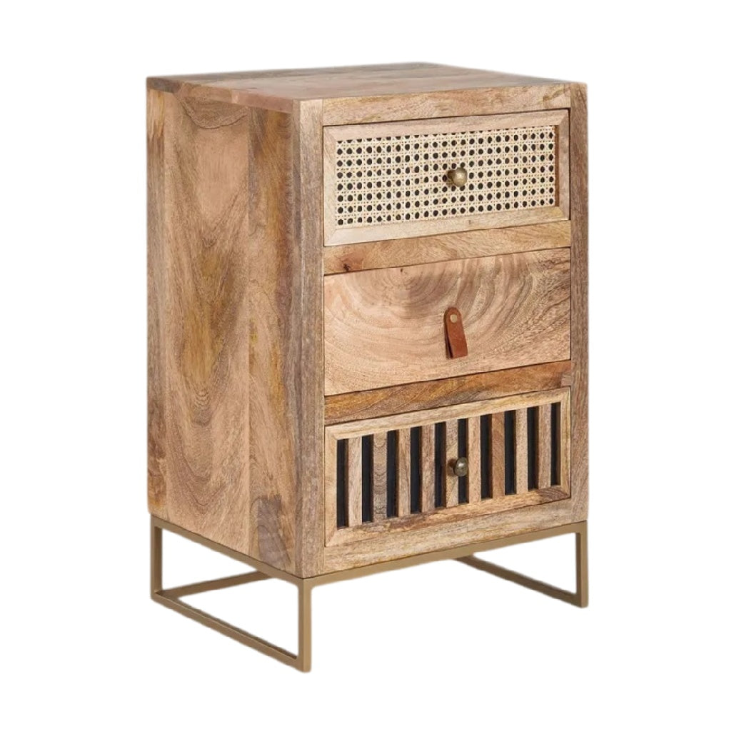 **Table de chevet en bois avec tiroirs et accents métalliques**
